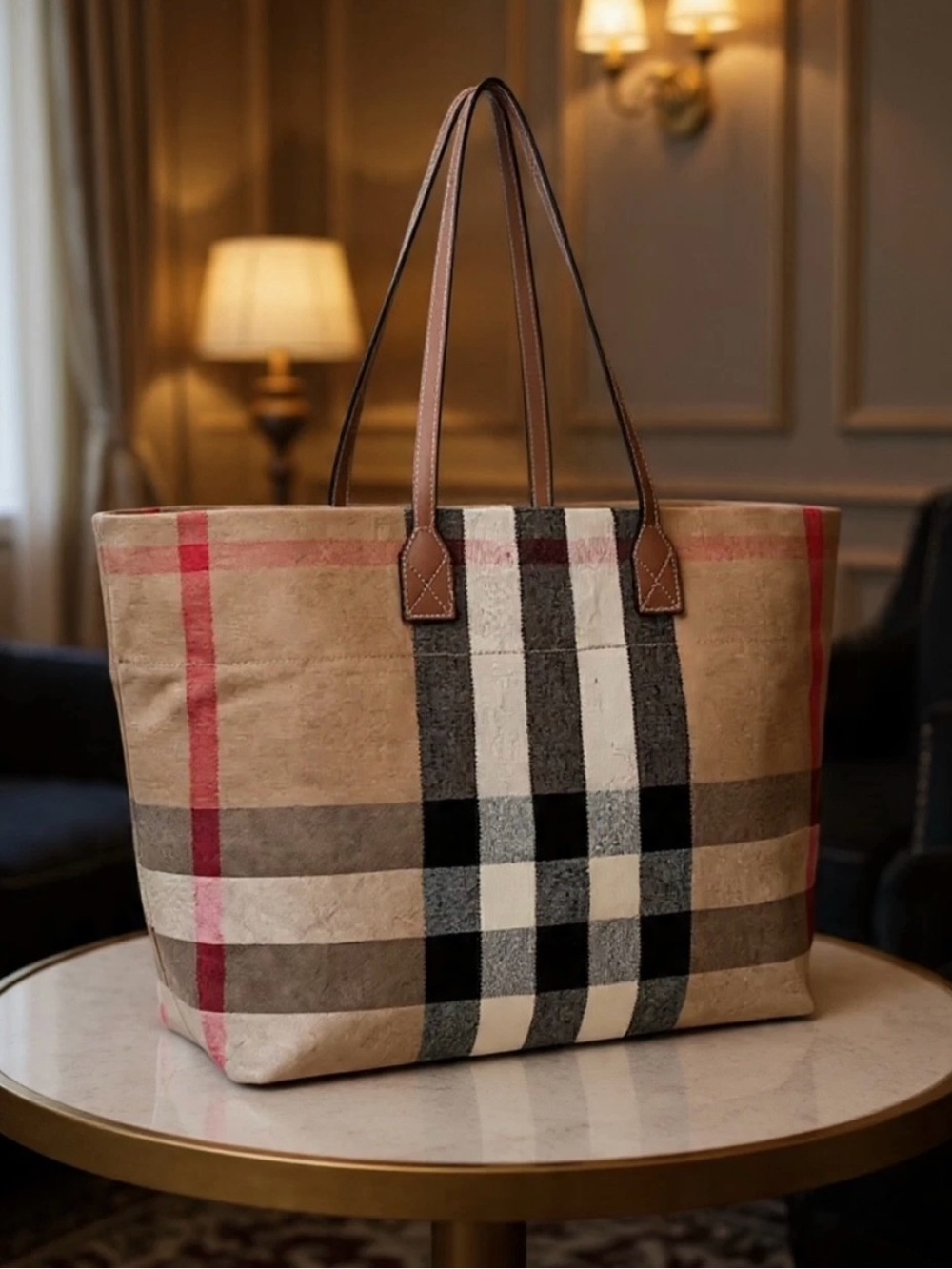 Burberry London Check Canvas Tote with Brown Leather Straps - Picture 6 of 13